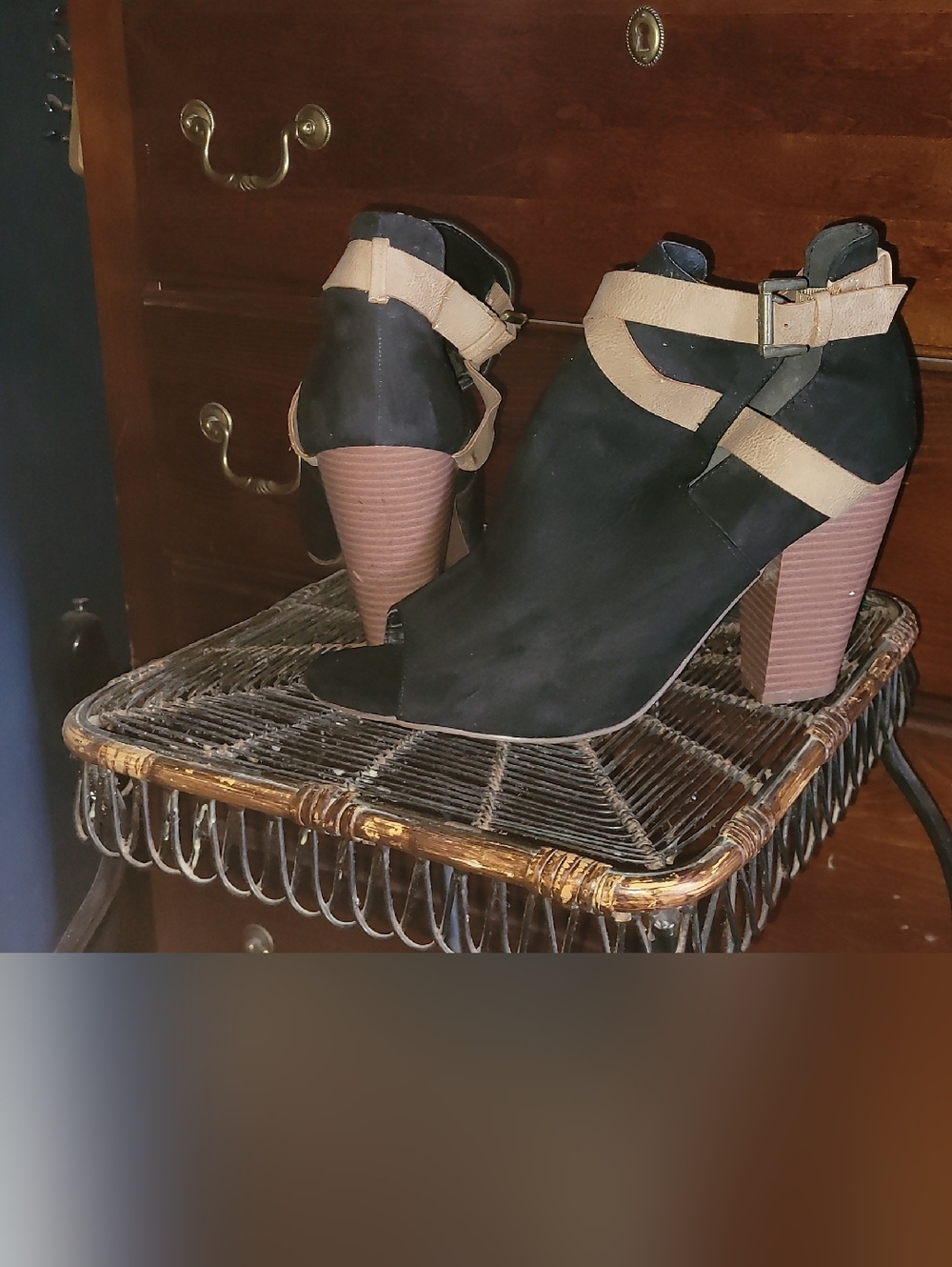JustFab Black and Tan Strappy Peep-Toe Block Heel Booties